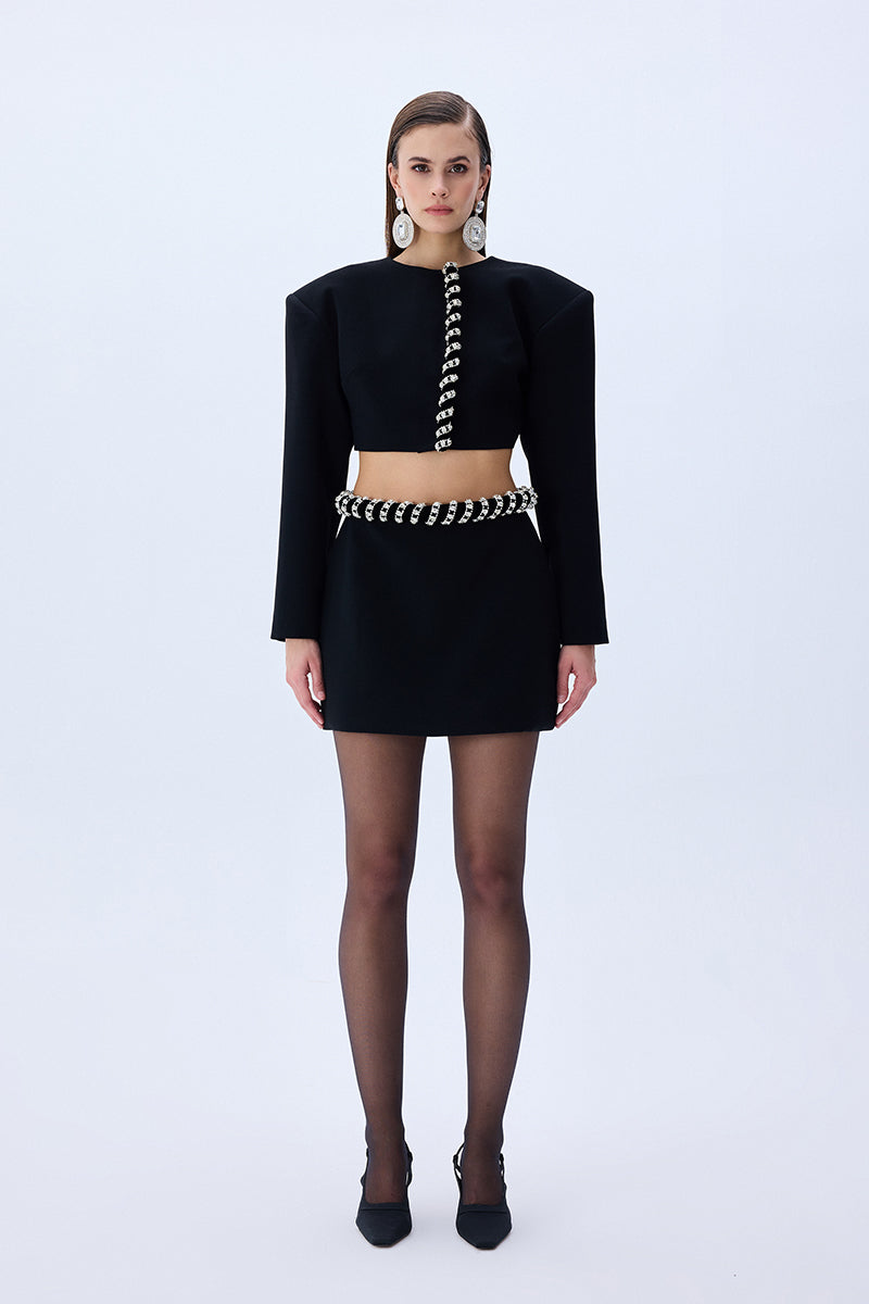 Vanessa Ropes Black Crepe Mini Skirt With Crystal Rope Belt – RAISA VANESSA INT
