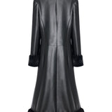 Black Leather Coat With Fur Finishing And Black Velvet Embroidery
