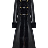 Black Leather Coat With Fur Finishing And Black Velvet Embroidery