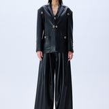 Black Pleated Leather Wide Leg Pants With Rv Stamped Buttons