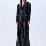 Black Pleated Leather Wide Leg Pants With Rv Stamped Buttons