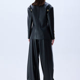Black Pleated Leather Wide Leg Pants With Rv Stamped Buttons
