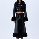 Black Leather Crop Jacket With Fur Finishing And Black Velvet Embroidery