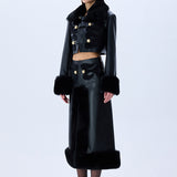 Black Leather Crop Jacket With Fur Finishing And Black Velvet Embroidery