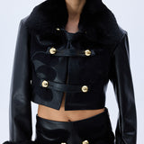 Black Leather Crop Jacket With Fur Finishing And Black Velvet Embroidery