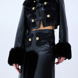 Black Leather Crop Jacket With Fur Finishing And Black Velvet Embroidery