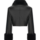 Black Leather Crop Jacket With Fur Finishing And Black Velvet Embroidery