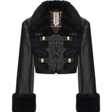 Black Leather Crop Jacket With Fur Finishing And Black Velvet Embroidery