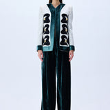 White Shantung Jacket With Black Velvet Emroidery And Gold Buttons