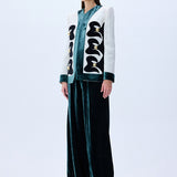 White Shantung Jacket With Black Velvet Emroidery And Gold Buttons