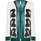 White Shantung Jacket With Black Velvet Emroidery And Gold Buttons