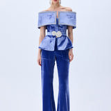 Indigo Velvet Jacket With Crystal Belt And Borders