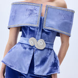 Indigo Velvet Jacket With Crystal Belt And Borders