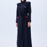Navy Knitted Trenchcoat With Burgundy Stripes