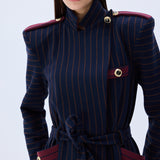 Navy Knitted Trenchcoat With Burgundy Stripes