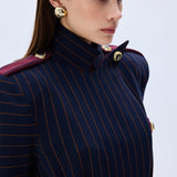 Navy Knitted Trenchcoat With Burgundy Stripes