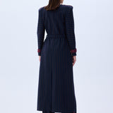 Navy Knitted Trenchcoat With Burgundy Stripes