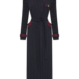 Navy Knitted Trenchcoat With Burgundy Stripes