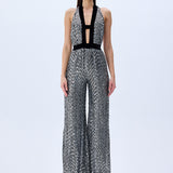 Silver Sequined Jumpsuit With Black Velvet Detail