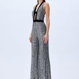 Silver Sequined Jumpsuit With Black Velvet Detail