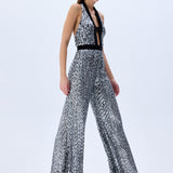 Silver Sequined Jumpsuit With Black Velvet Detail