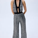 Silver Sequined Jumpsuit With Black Velvet Detail