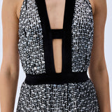 Silver Sequined Jumpsuit With Black Velvet Detail