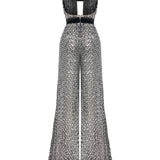Silver Sequined Jumpsuit With Black Velvet Detail