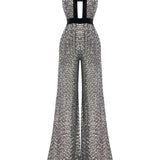 Silver Sequined Jumpsuit With Black Velvet Detail