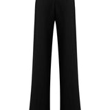 Black Crepe Wide Leg Pants With Crystal Button