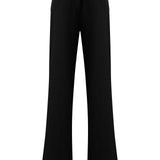 Black Crepe Wide Leg Pants With Crystal Button