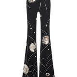 Black Sequined Jersey Flare Pants With Patent Flowers