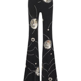 Black Sequined Jersey Flare Pants With Patent Flowers