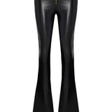 Black Leather Stretchy Flare Pants With Gold Buttons