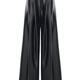 Black Pleated Leather Wide Leg Pants With Rv Stamped Buttons