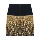 Black Mini Silk Velvet Skirt With Gold Pailette Fringes