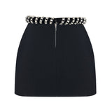 Black Crepe Mini Skirt With Crystal Rope Belt