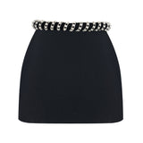 Black Crepe Mini Skirt With Crystal Rope Belt
