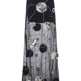 Black Sequined Chiffon Maxi Skirt With Patent Flowers
