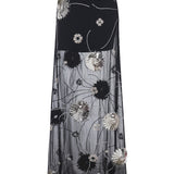 Black Sequined Chiffon Maxi Skirt With Patent Flowers
