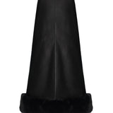 Black Leather Midi Skirt With Fur Finishing And Black Velvet Embroidery