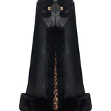 Black Leather Midi Skirt With Fur Finishing And Black Velvet Embroidery