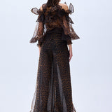 Leopard Print Organza Wide Leg Pants