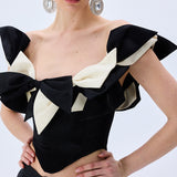 Black Satin Corseted Top With Bow Detail