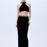 Black Velvet Skirt With Crystal Rope Belt