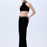 Black Velvet Skirt With Crystal Rope Belt