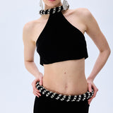 Black Velvet Skirt With Crystal Rope Belt