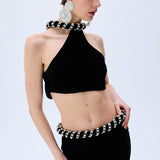 Black Velvet Skirt With Crystal Rope Belt