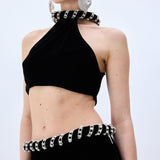 Black Velvet Skirt With Crystal Rope Belt