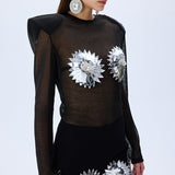 Glittered Weave See Through Top With Patent Flower Detail